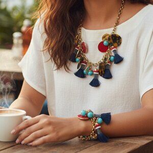 J. Crew Beautiful Chaos Gold, Turquoise, Red, White, Blue Necklace + Bracelet